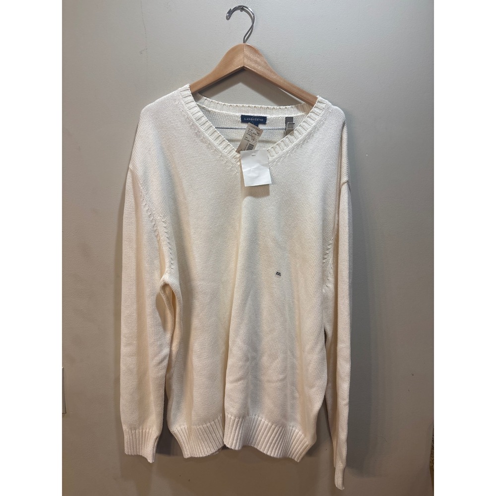 NWT Lands End Mens XXL Ivory White Airspun V-Neck 100% Cotton Knit Sweater